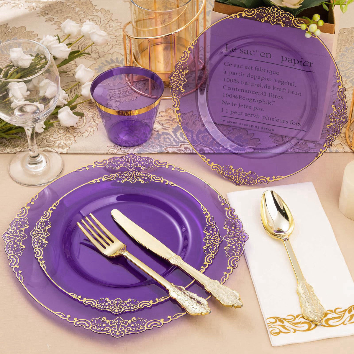 Bestluck 175PCS Clear Purple Plastic Plates for 25 Guests – back view and specifications