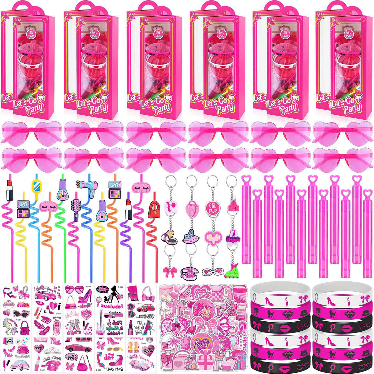 We1stdsee 184Pcs Pink Girls Party Favors Pack - For 12Guests, Includ Goodie Box Heart Glasses Straws Bubble Wands Tattoo