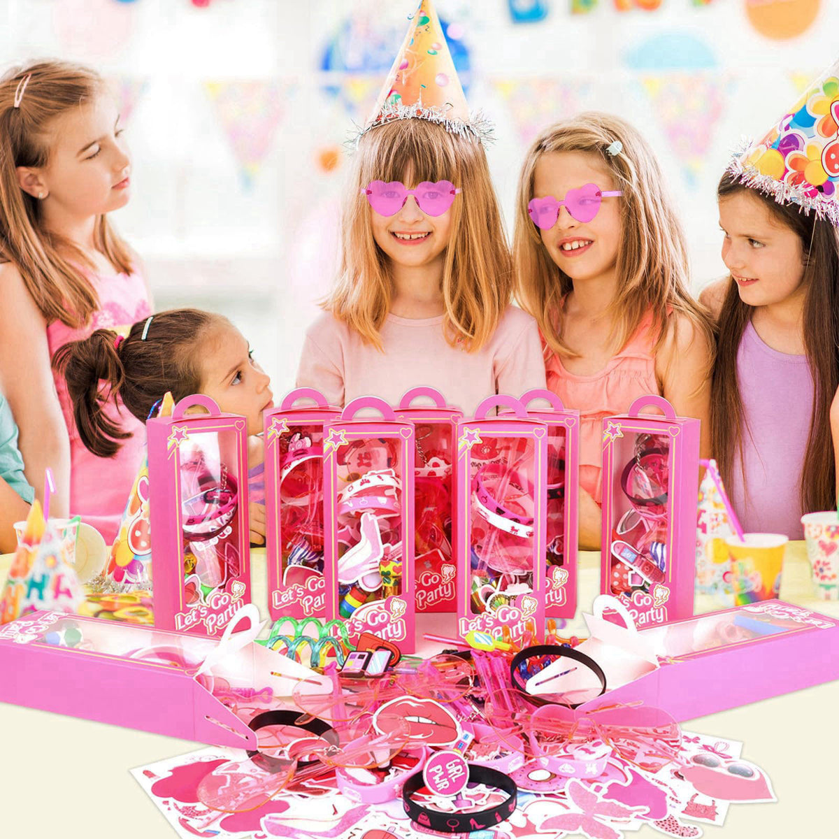 We1stdsee 184Pcs Pink Girls Party Favors Pack - For 12Guests, Includ Goodie Box Heart Glasses Straws Bubble Wands Tattoo