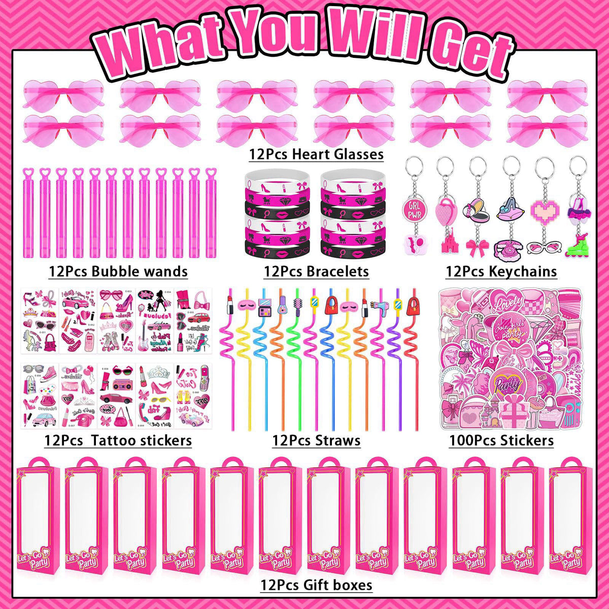 We1stdsee 184Pcs Pink Girls Party Favors Pack - For 12Guests, Includ Goodie Box Heart Glasses Straws Bubble Wands Tattoo