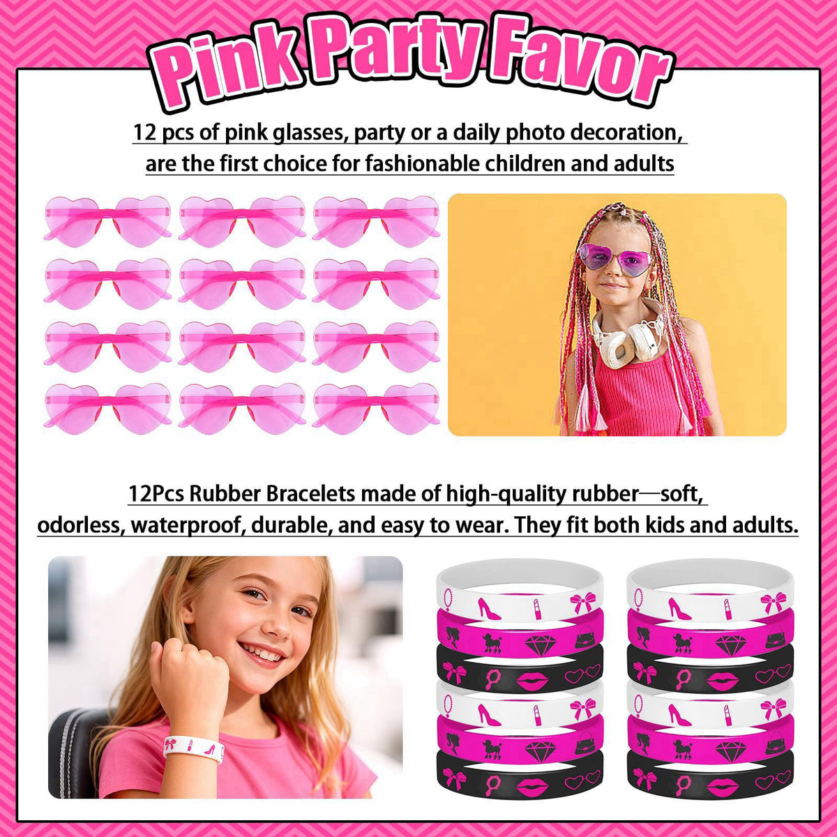 We1stdsee 184Pcs Pink Girls Party Favors Pack - For 12Guests, Includ Goodie Box Heart Glasses Straws Bubble Wands Tattoo