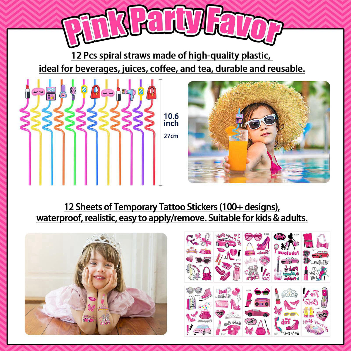 We1stdsee 184Pcs Pink Girls Party Favors Pack - For 12Guests, Includ Goodie Box Heart Glasses Straws Bubble Wands Tattoo