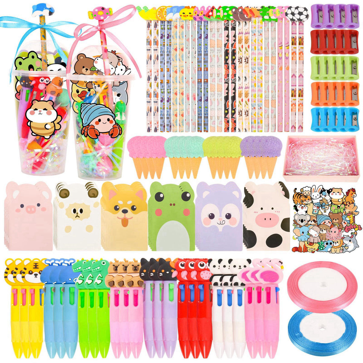LiYiQ 24 Set 247 Pcs Return Gifts for Birthday Party Stationery Set for Student Rewards, Pencil Erasers Notebook Sticker
