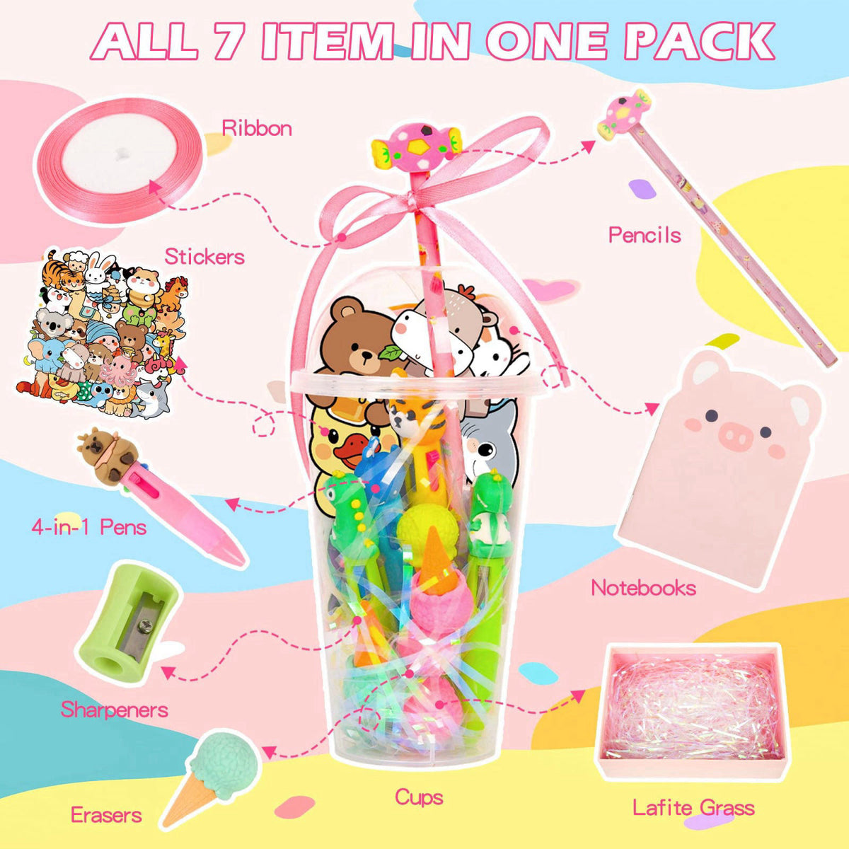 LiYiQ 24 Set 247 Pcs Return Gifts for Birthday Party Stationery Set for Student Rewards, Pencil Erasers Notebook Sticker