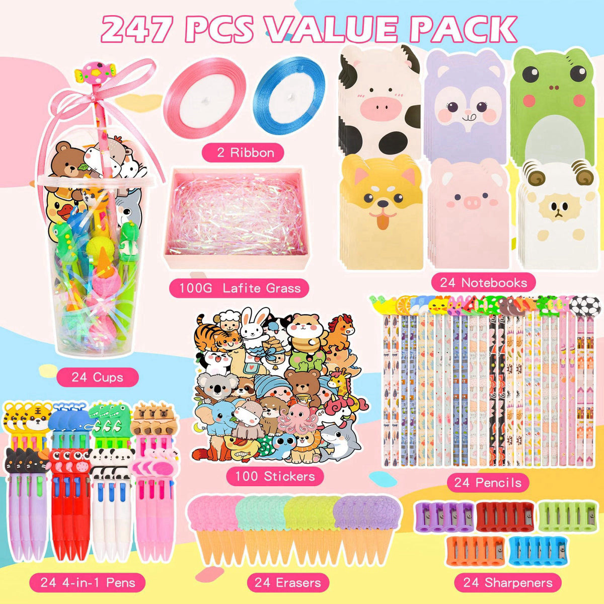 LiYiQ 24 Set 247 Pcs Return Gifts for Birthday Party Stationery Set for Student Rewards, Pencil Erasers Notebook Sticker
