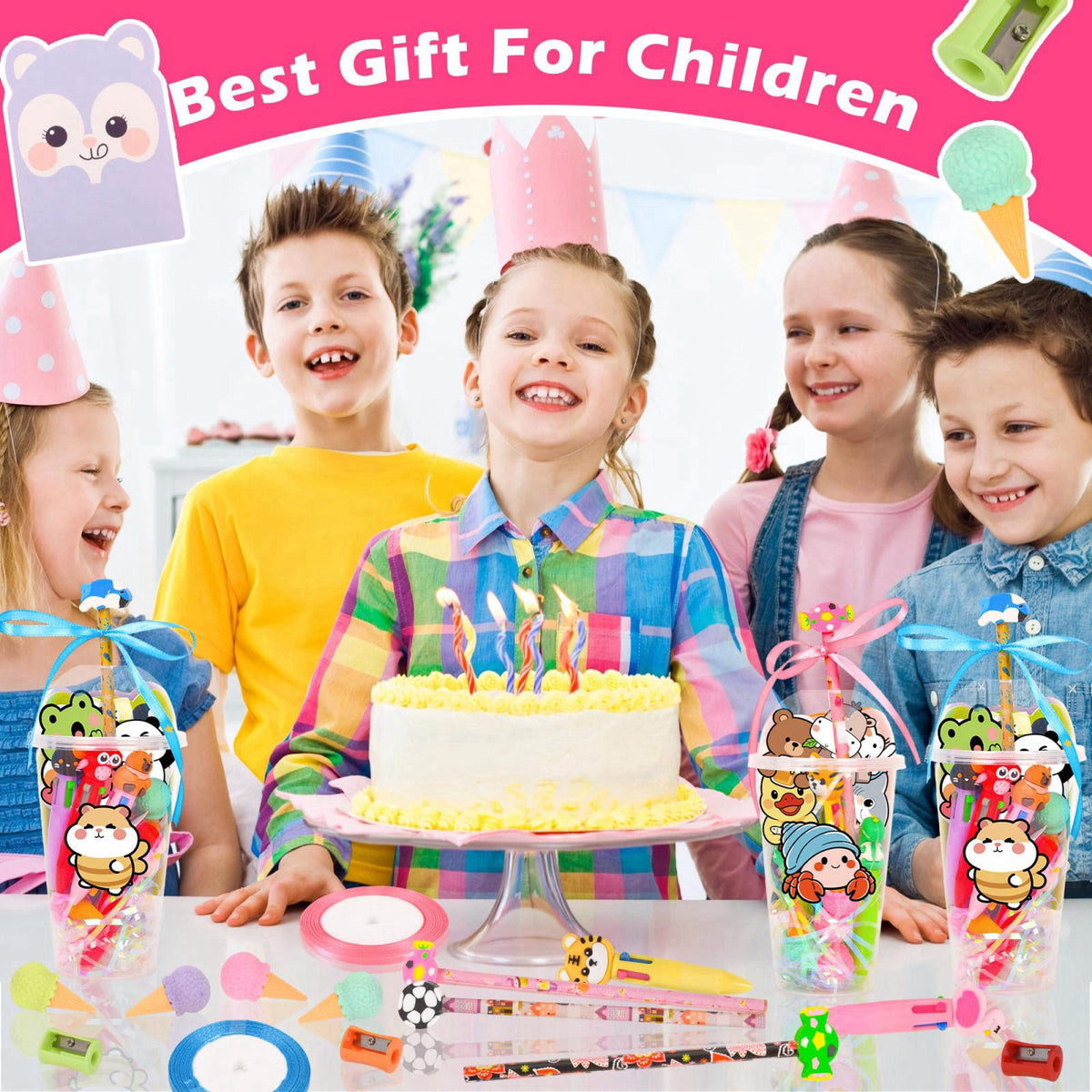 LiYiQ 24 Set 247 Pcs Return Gifts for Birthday Party Stationery Set for Student Rewards, Pencil Erasers Notebook Sticker
