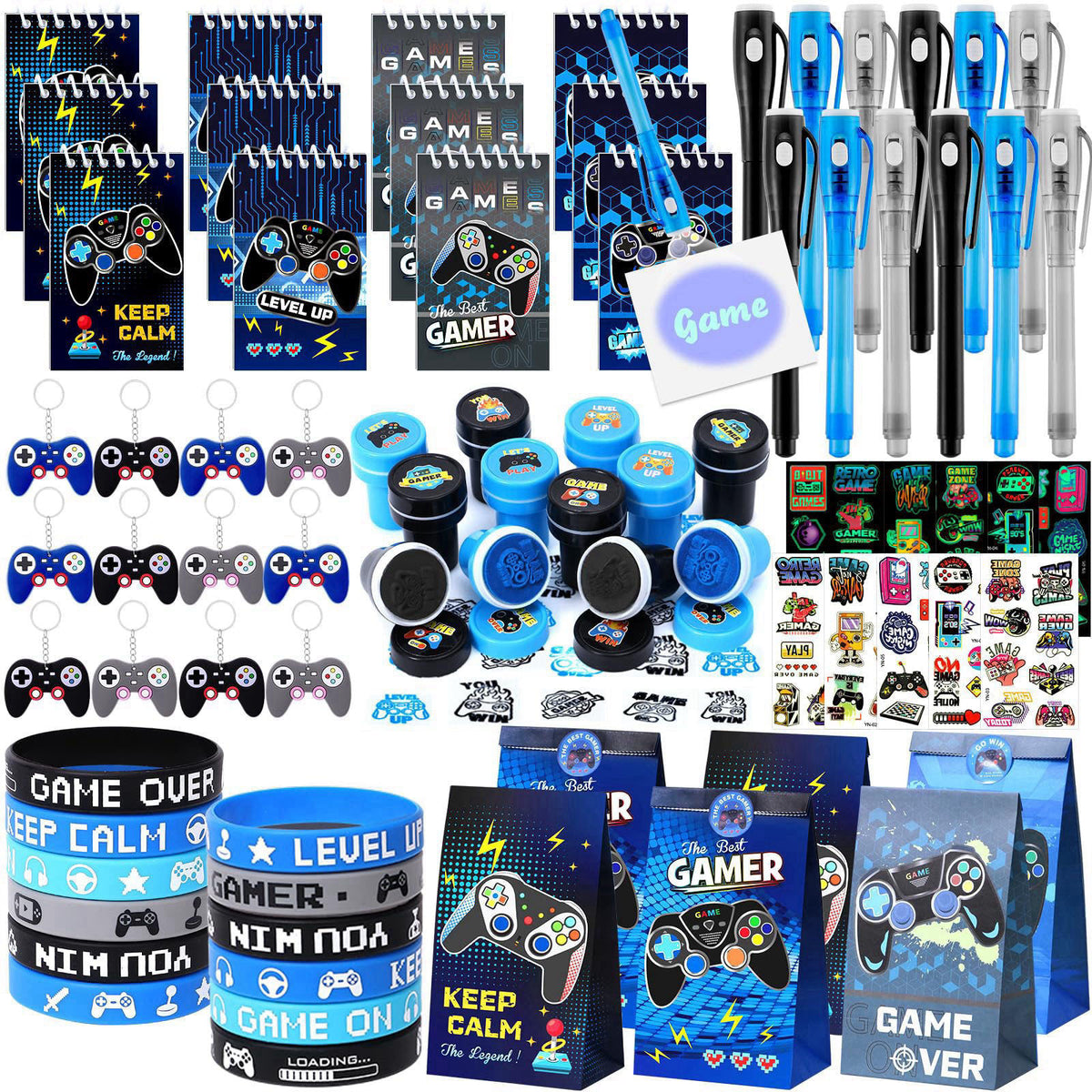 Mishopy 84Pcs Video Game Party Favors Birthday Supplies Kids Boys Invisible Ink Pen Notebook Silicone Bracelet Stamper T
