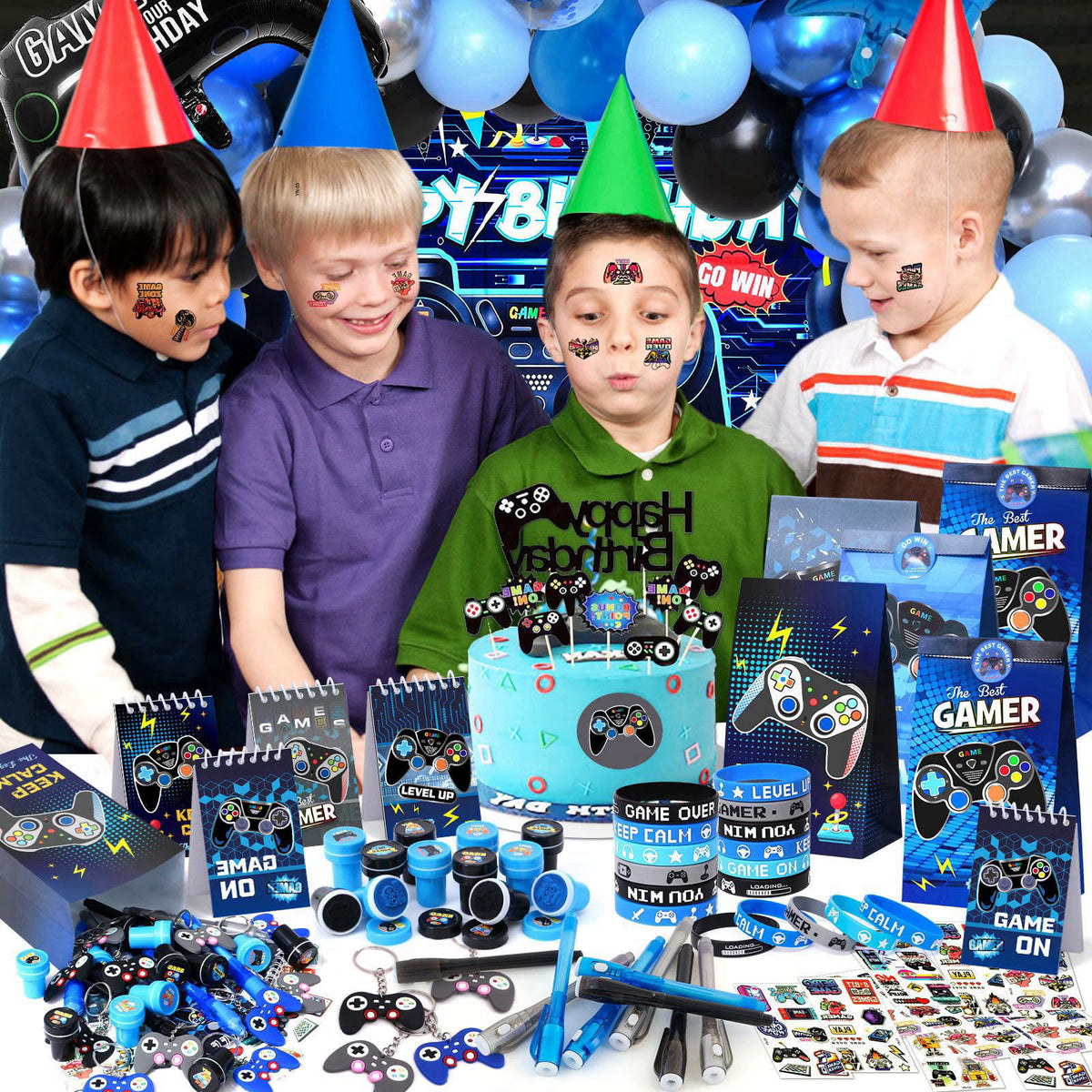 Mishopy 84Pcs Video Game Party Favors Birthday Supplies Kids Boys Invisible Ink Pen Notebook Silicone Bracelet Stamper T
