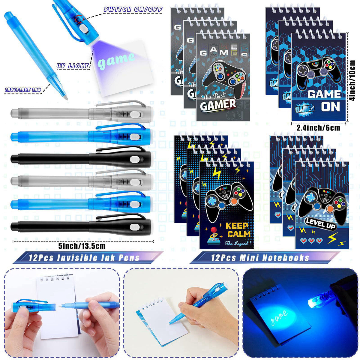Mishopy 84Pcs Video Game Party Favors Birthday Supplies Kids Boys Invisible Ink Pen Notebook Silicone Bracelet Stamper T