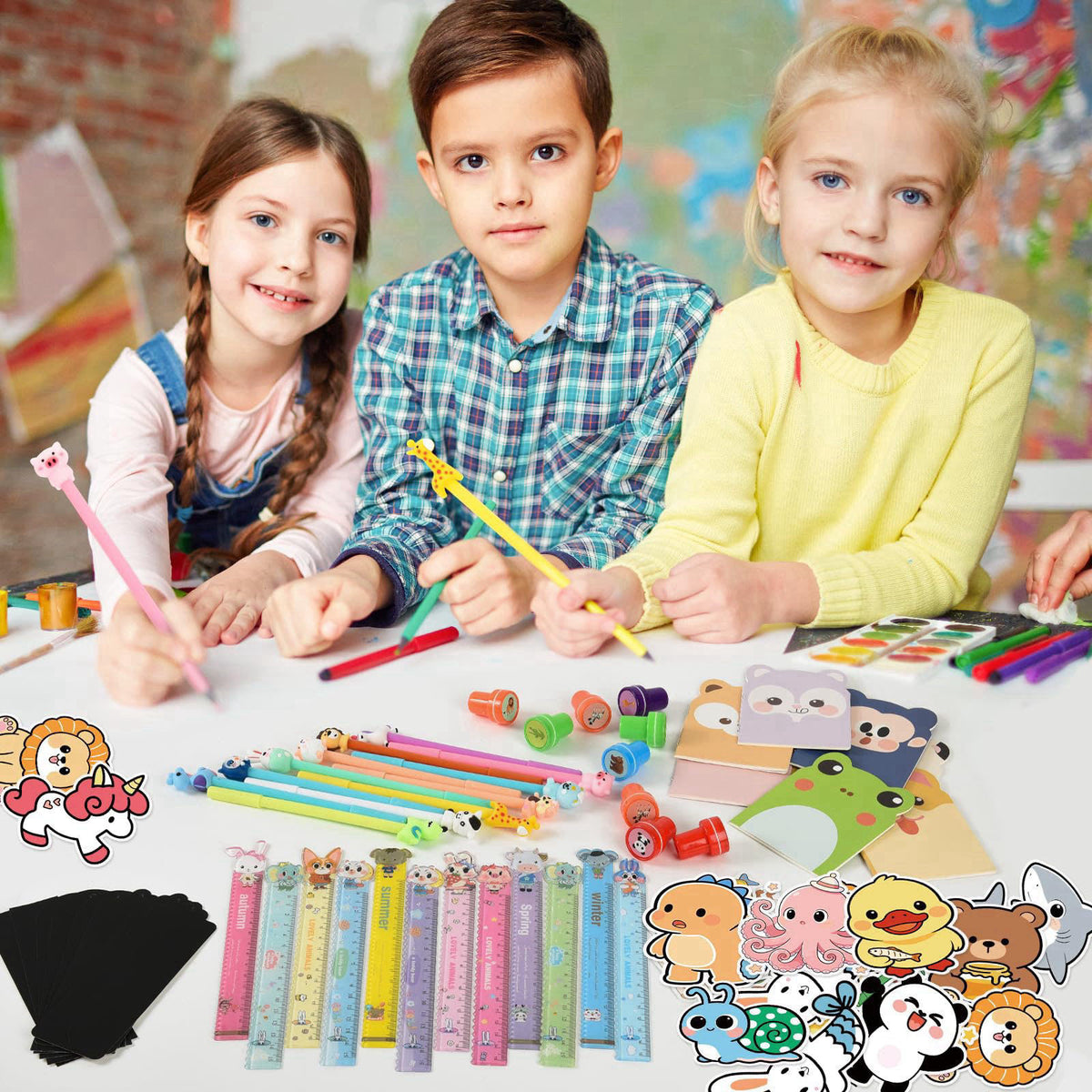 Ulema 24 pack Cute Animals Party favors Cute Stationery Classroom Rewards, With Pencils Rulers Erasers Sticky Notes For 