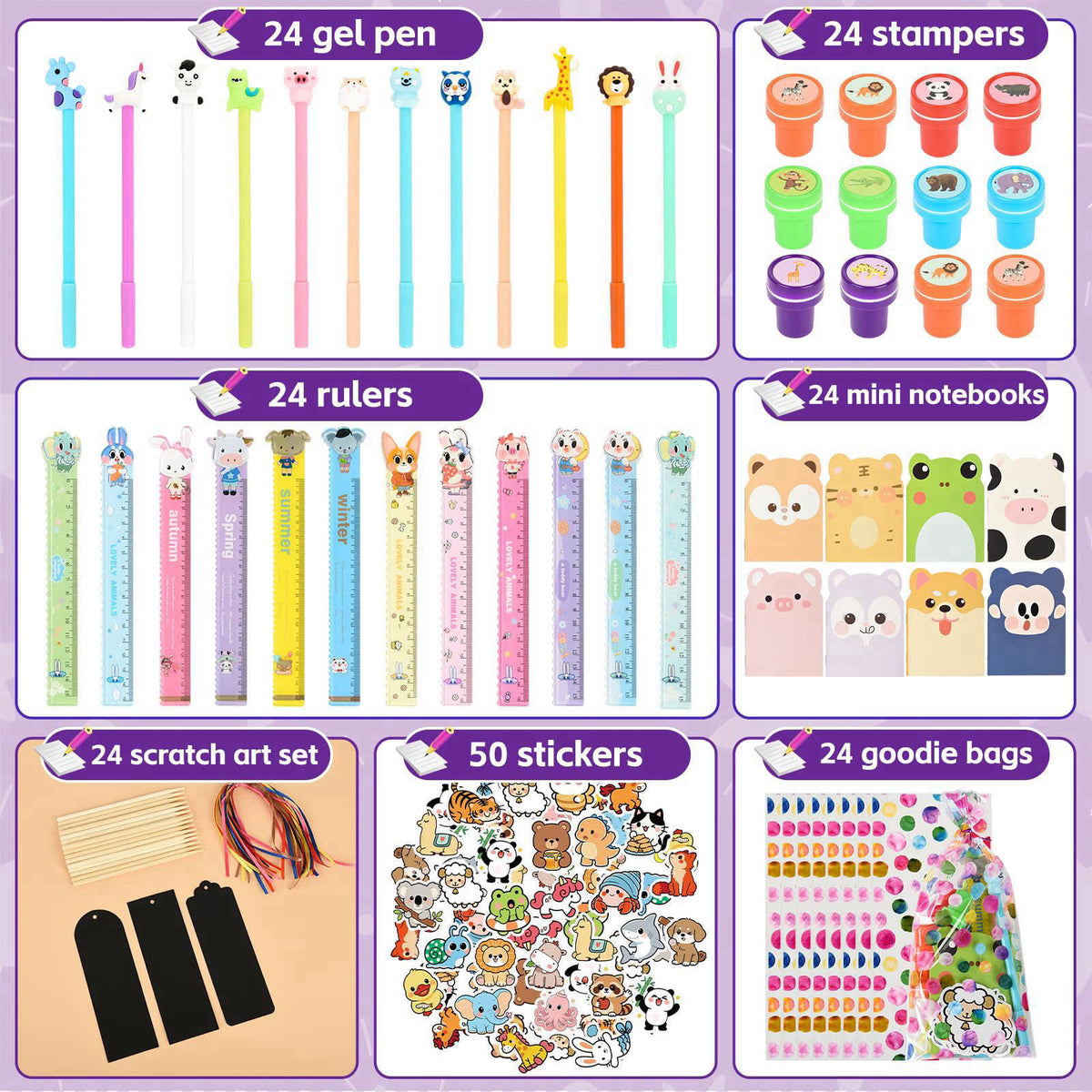 Ulema 24 pack Cute Animals Party favors Cute Stationery Classroom Rewards, With Pencils Rulers Erasers Sticky Notes For 