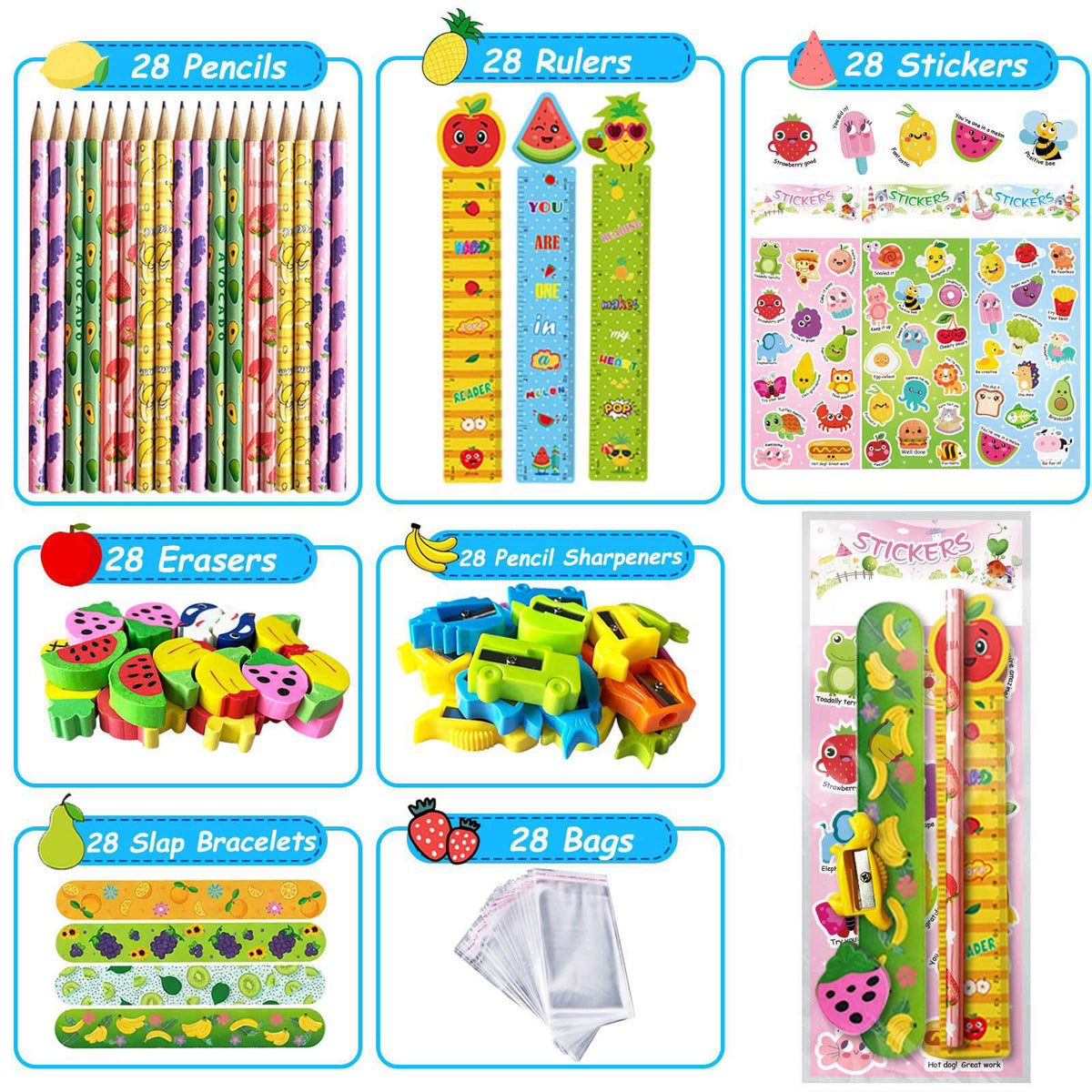 Thesixowls Goodie Bags for Birthday Party, 28 Pack Stationery Return Gifts Party Favors with Pencils – packaging and lab
