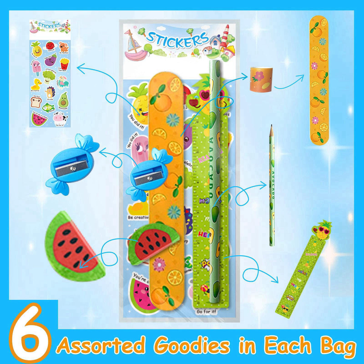Thesixowls Goodie Bags for Birthday Party, 28 Pack Stationery Return Gifts Party Favors with Pencils – full view