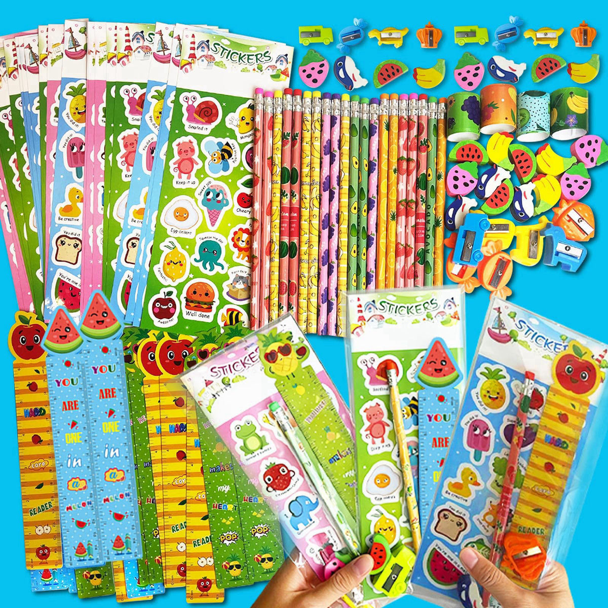 Thesixowls Goodie Bags for Birthday Party, 28 Pack Stationery Return Gifts Party Favors with Pencils – back view and spe