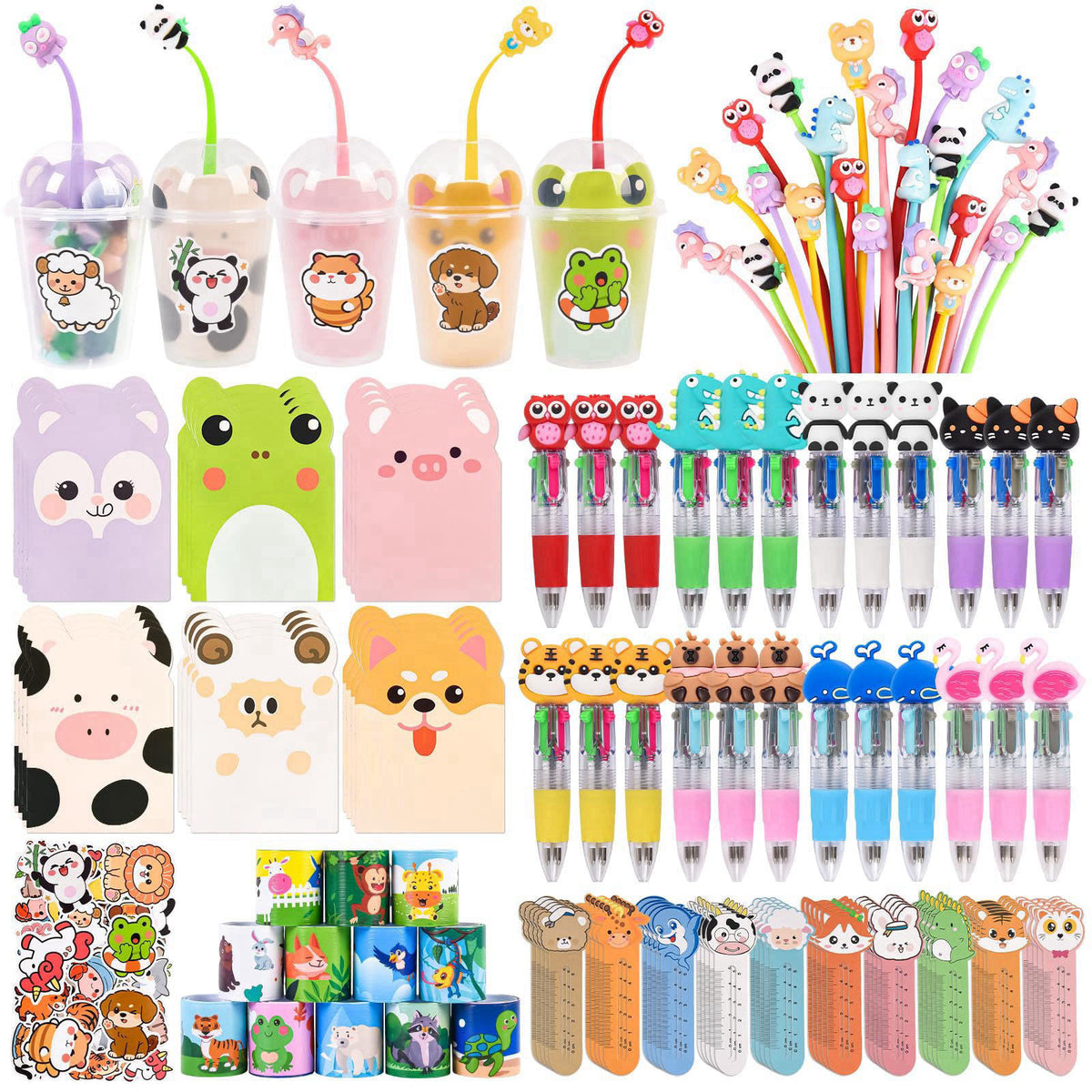 Yazetto 24 Set 244 Pcs Return Gifts for Birthday Party with Cups Stress Relief Bobblehead Pens 4-in-1 Pens Notebook Book