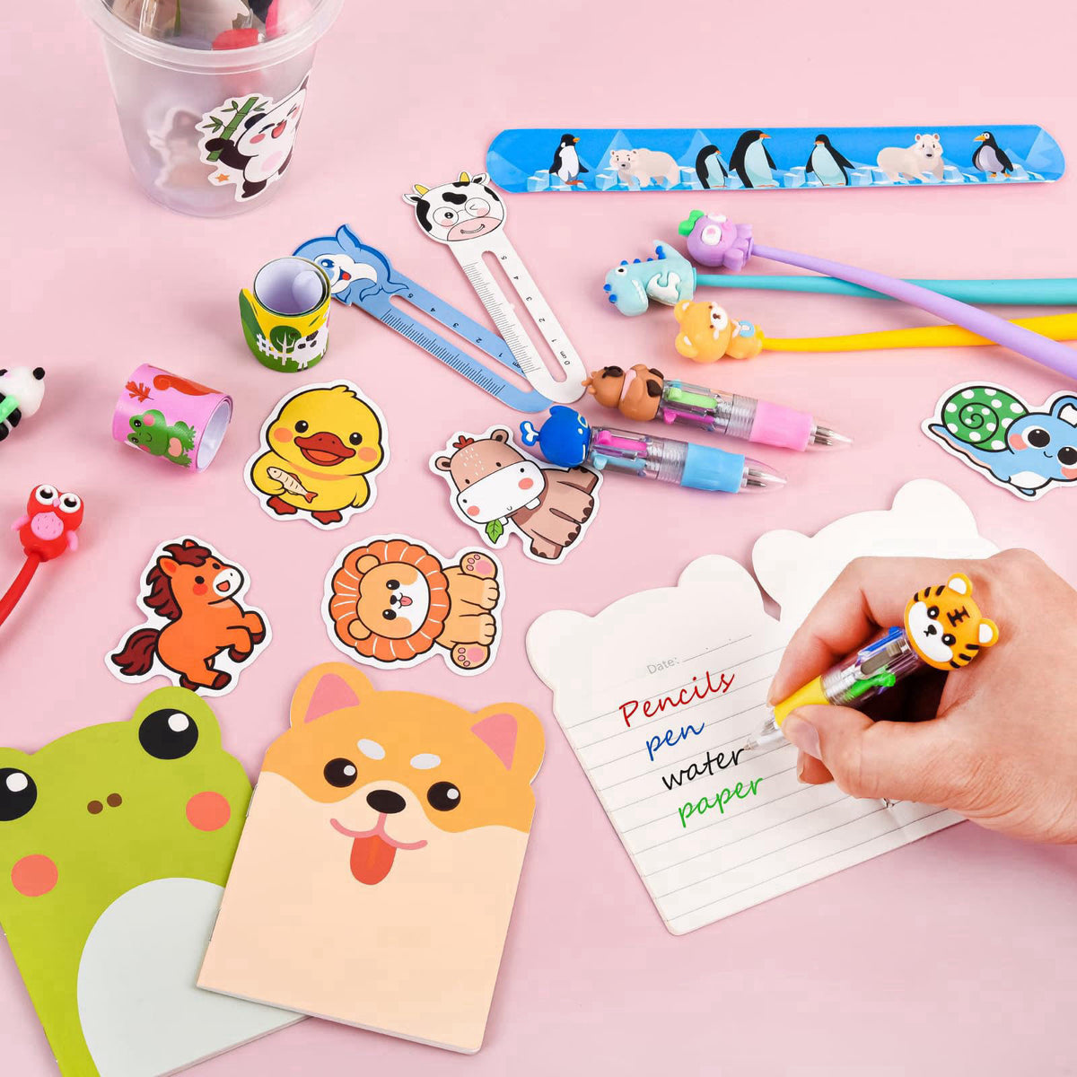Yazetto 24 Set 244 Pcs Return Gifts for Birthday Party with Cups Stress Relief Bobblehead Pens 4-in-1 Pens Notebook Book