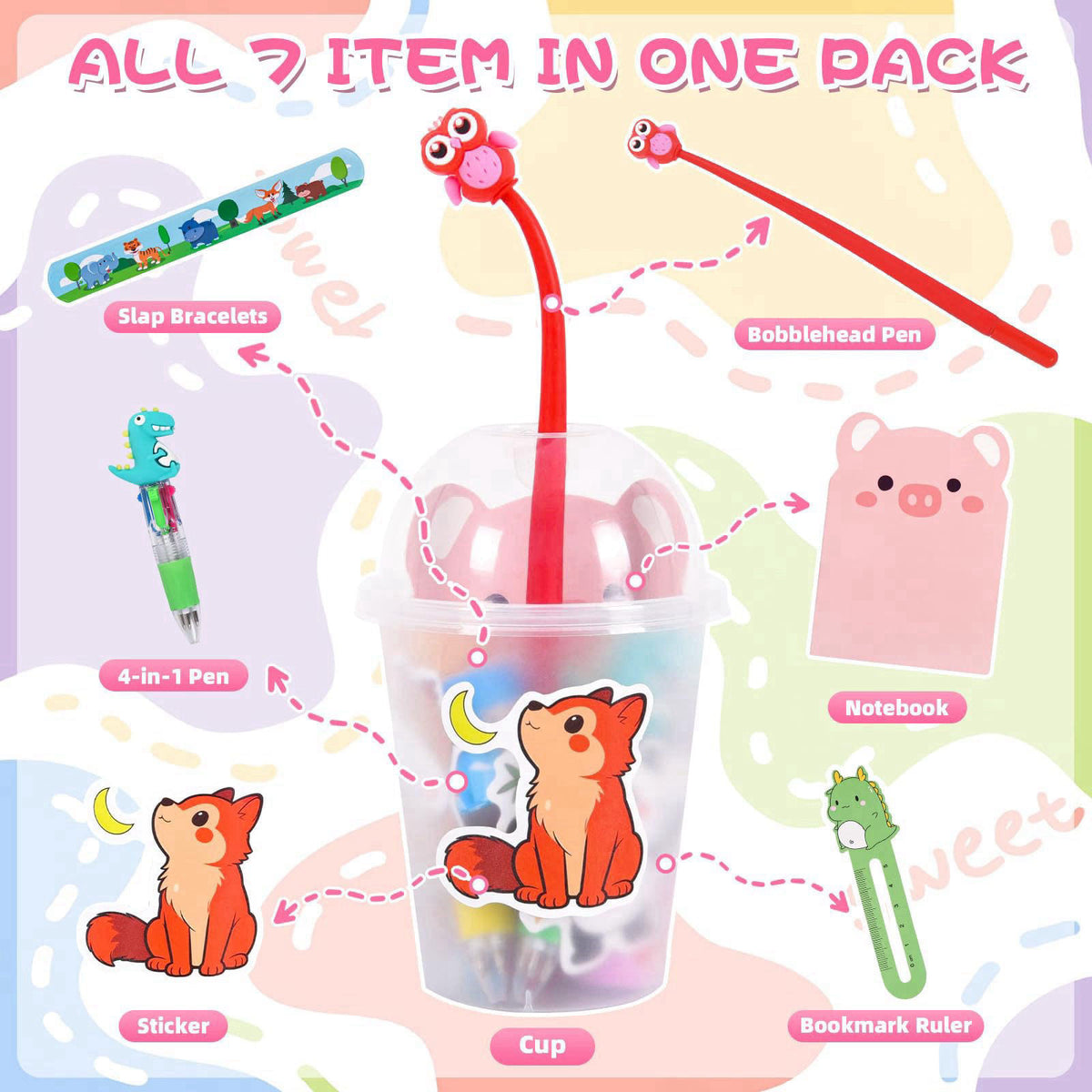 Yazetto 24 Set 244 Pcs Return Gifts for Birthday Party with Cups Stress Relief Bobblehead Pens 4-in-1 Pens Notebook Book
