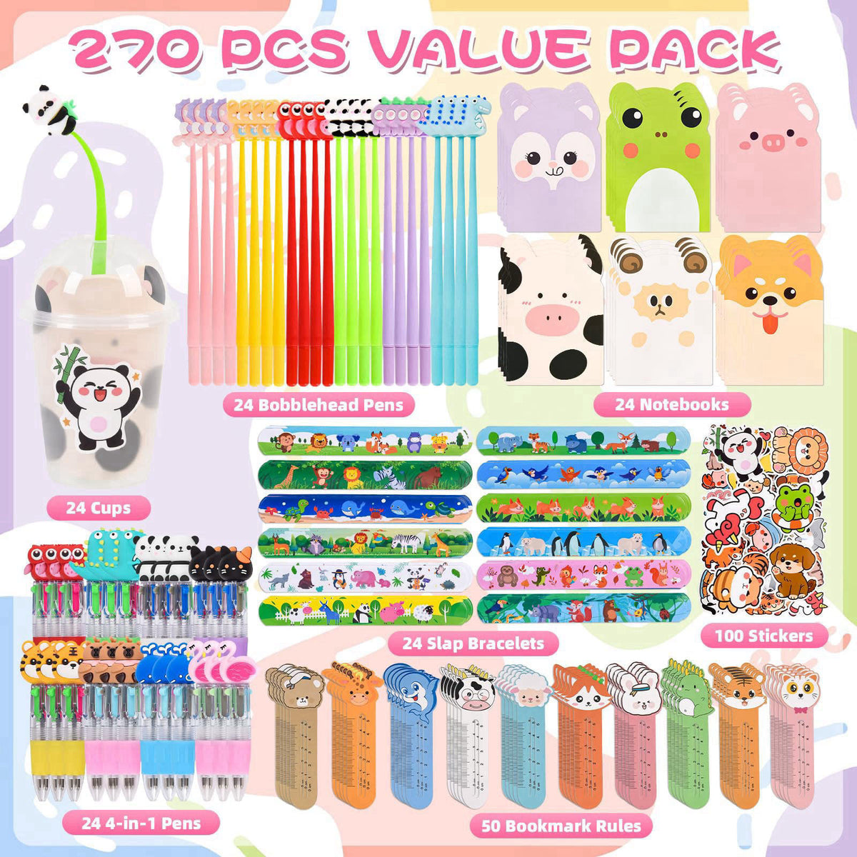 Yazetto 24 Set 244 Pcs Return Gifts for Birthday Party with Cups Stress Relief Bobblehead Pens 4-in-1 Pens Notebook Book