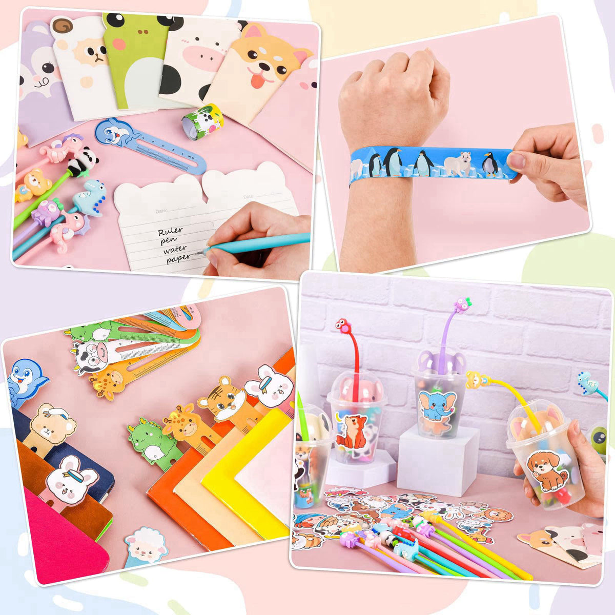 Yazetto 24 Set 244 Pcs Return Gifts for Birthday Party with Cups Stress Relief Bobblehead Pens 4-in-1 Pens Notebook Book