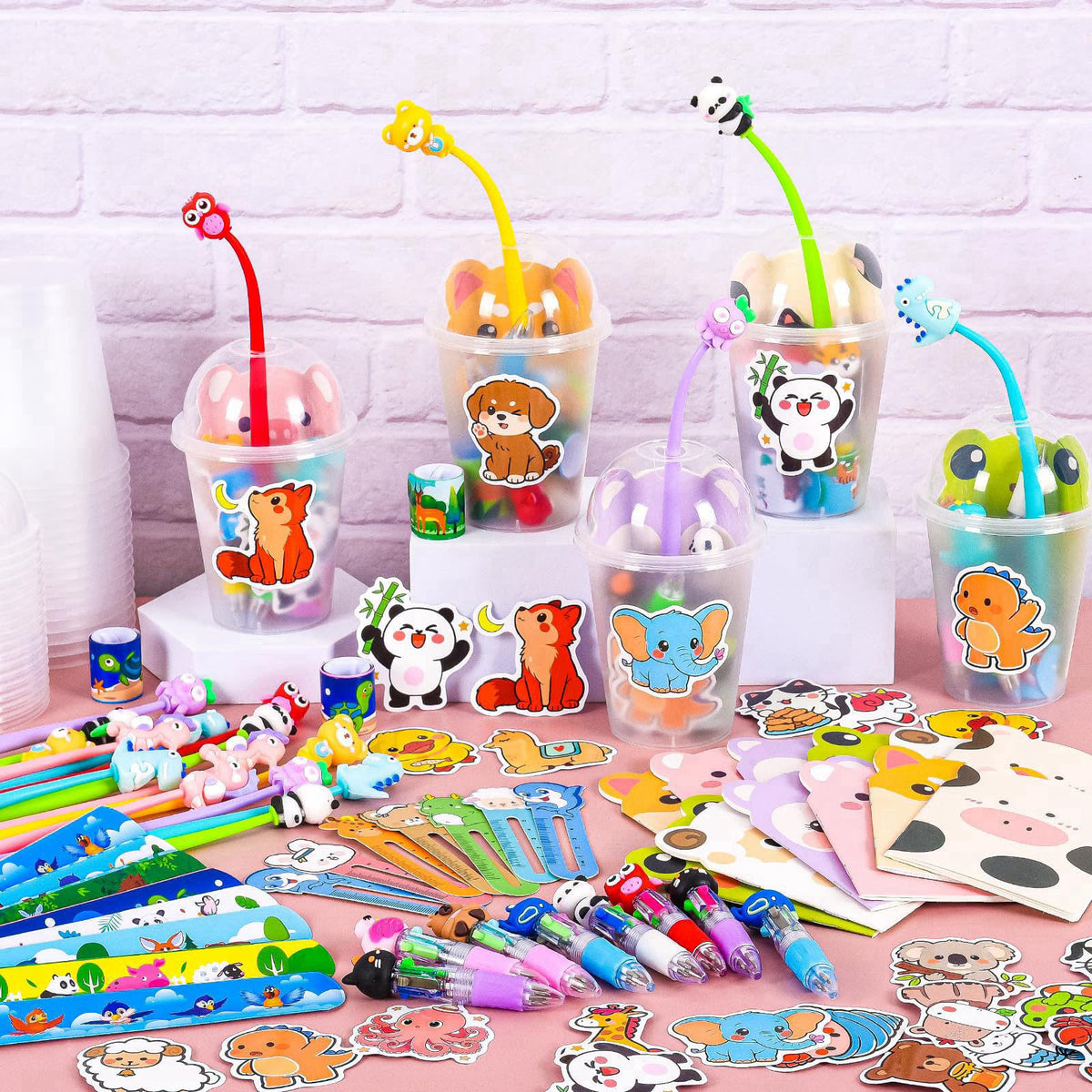Yazetto 24 Set 244 Pcs Return Gifts for Birthday Party with Cups Stress Relief Bobblehead Pens 4-in-1 Pens Notebook Book