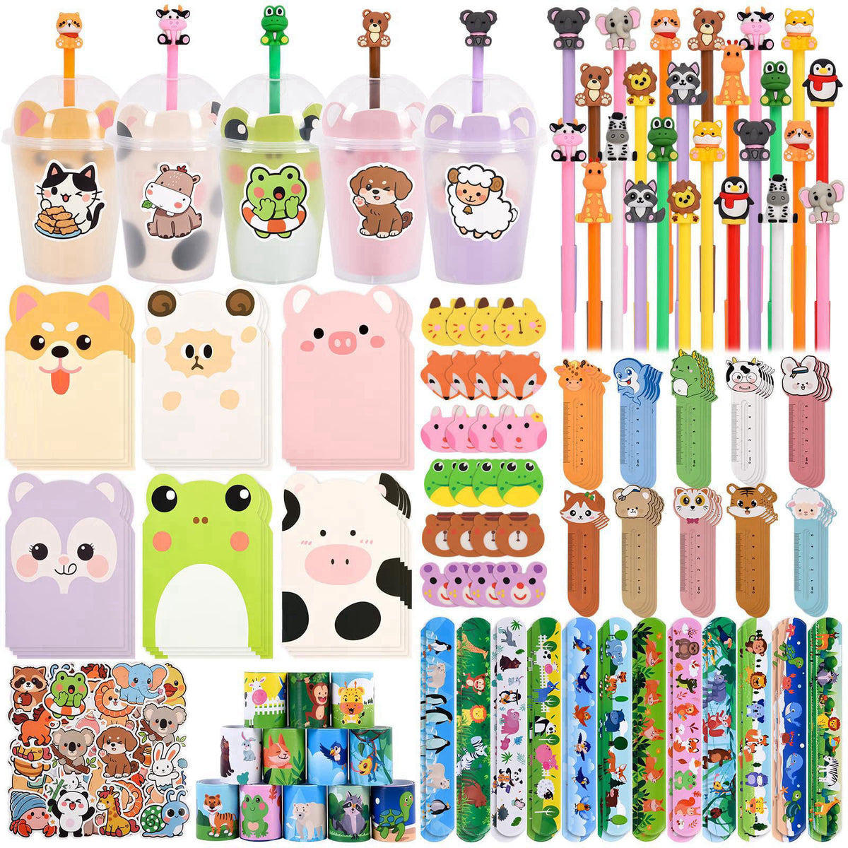 Yazetto 24 Set 244 Pcs Return Gifts for Birthday Party with Cups Gel Ink Pens 4-in-1 Pens Notebook Bookmark and Stickers