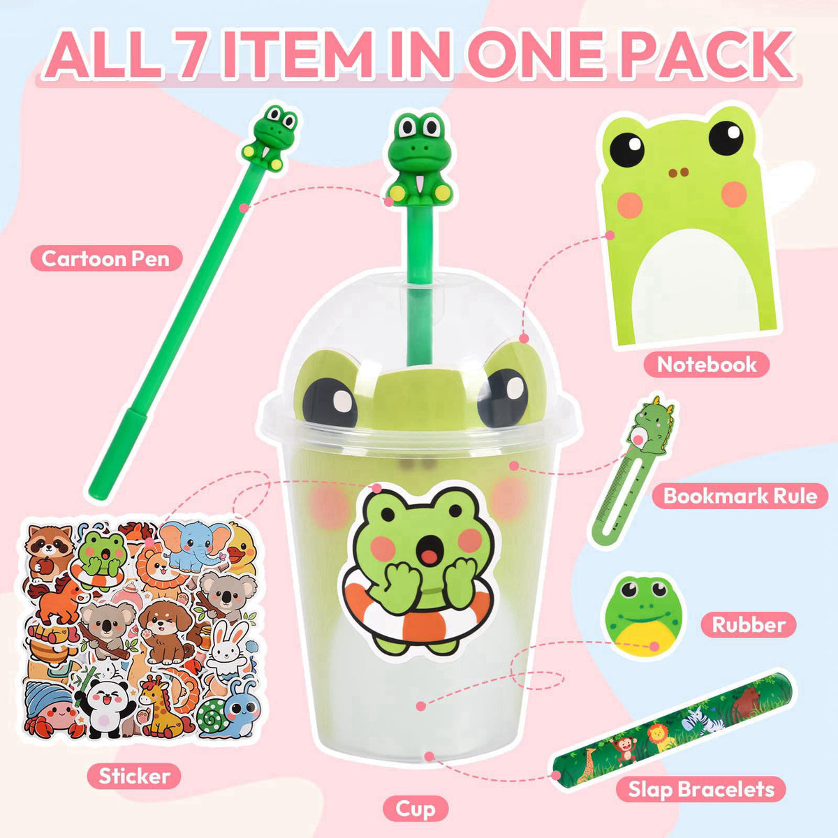 Yazetto 24 Set 244 Pcs Return Gifts for Birthday Party with Cups Gel Ink Pens 4-in-1 Pens Notebook Bookmark and Stickers