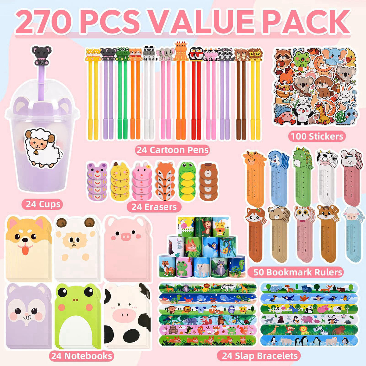 Yazetto 24 Set 244 Pcs Return Gifts for Birthday Party with Cups Gel Ink Pens 4-in-1 Pens Notebook Bookmark and Stickers