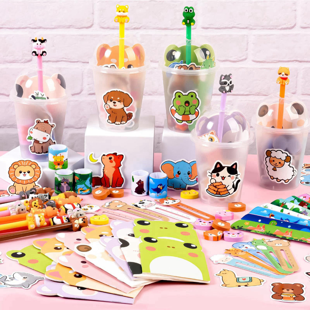 Yazetto 24 Set 244 Pcs Return Gifts for Birthday Party with Cups Gel Ink Pens 4-in-1 Pens Notebook Bookmark and Stickers