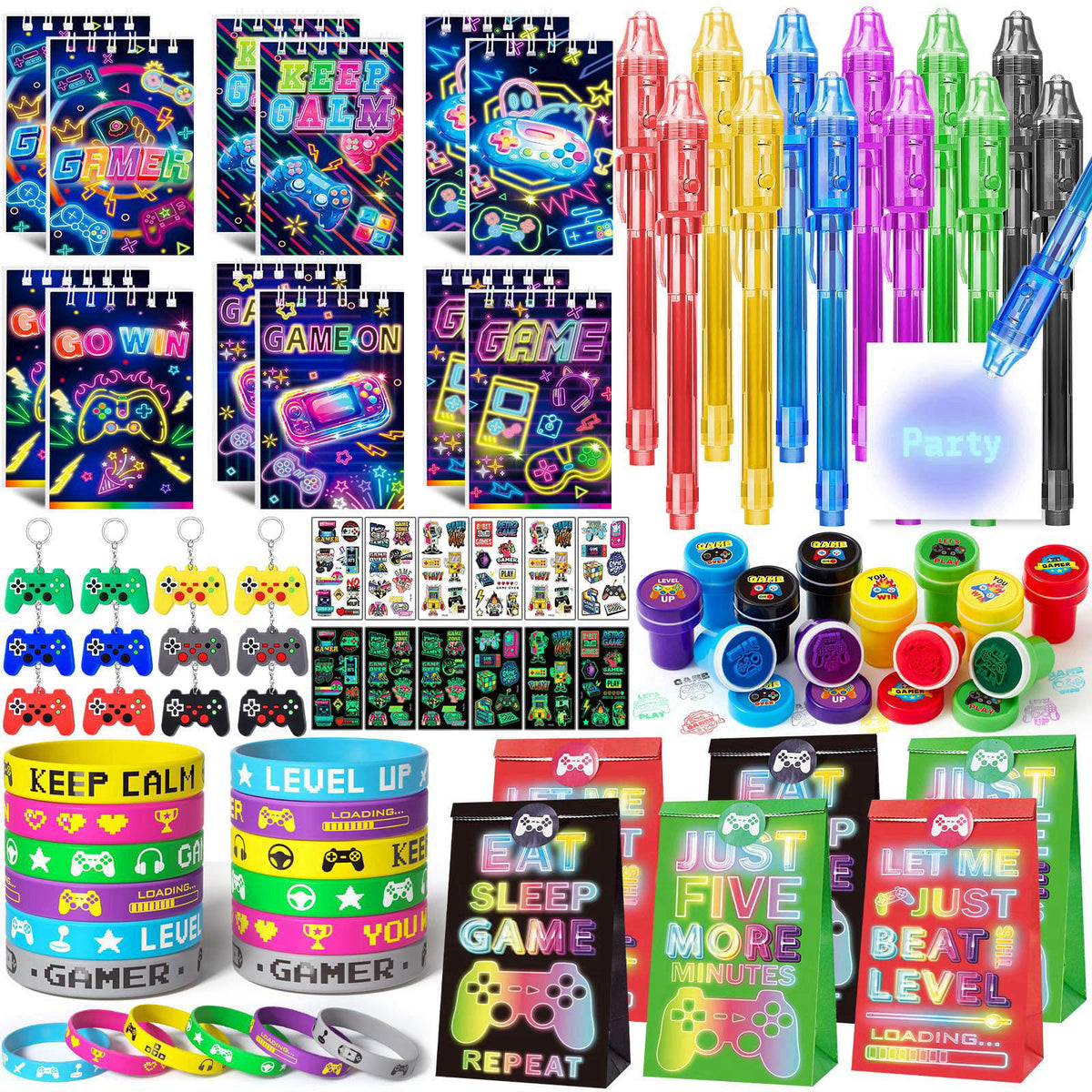 SNLN Video Game Party Favors Gamer Birthday Supplies Kids Notebook Invisible Ink Pen Paper Bag Silicone Bracelet Stamper