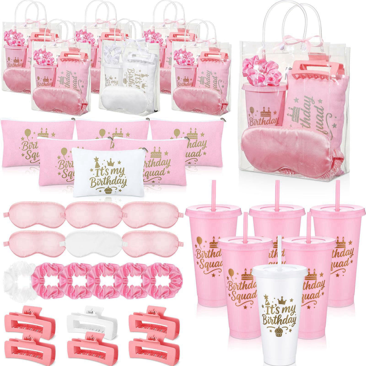 Ferrochef 6 Sets Birthday Squad Party Favors for Women, Pink White – Pink White, plastic, canvas, satin, ribbon