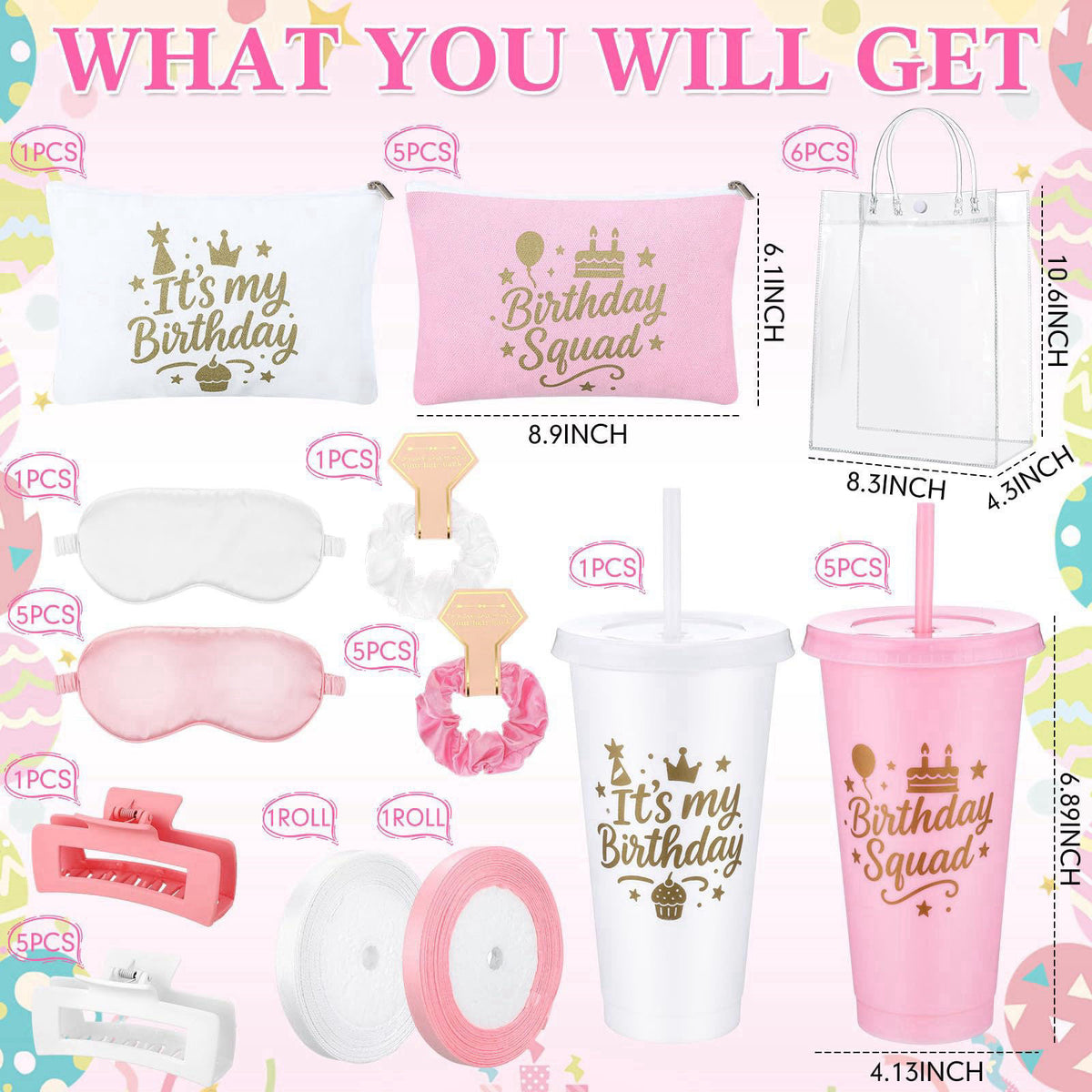Ferrochef 6 Sets Birthday Squad Party Favors for Women, Pink White – packaging and label