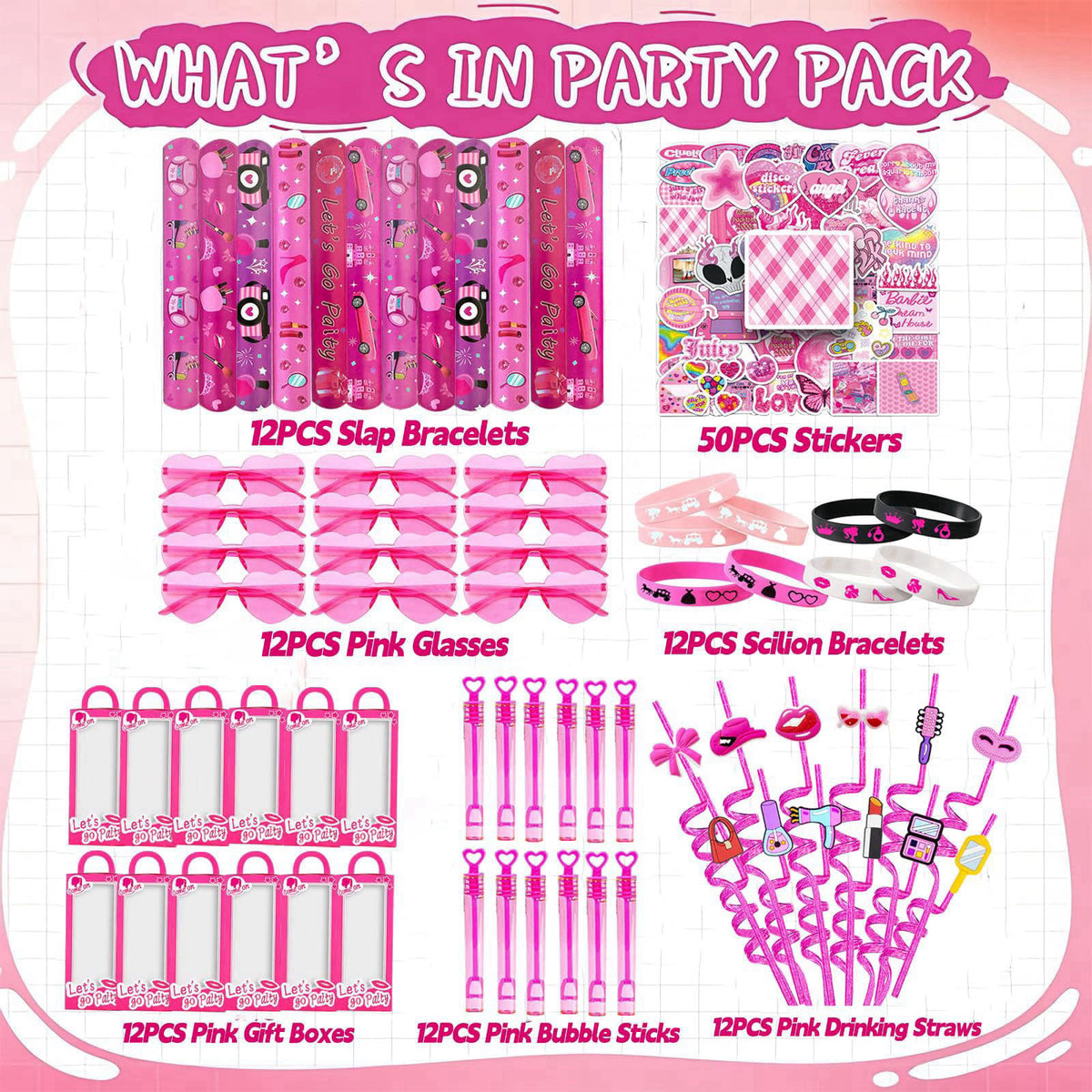 CHSLtmxq 122 PCS Pink Party Favors, Toy Goodie Bag Stuffers, Princess Set – packaging and label