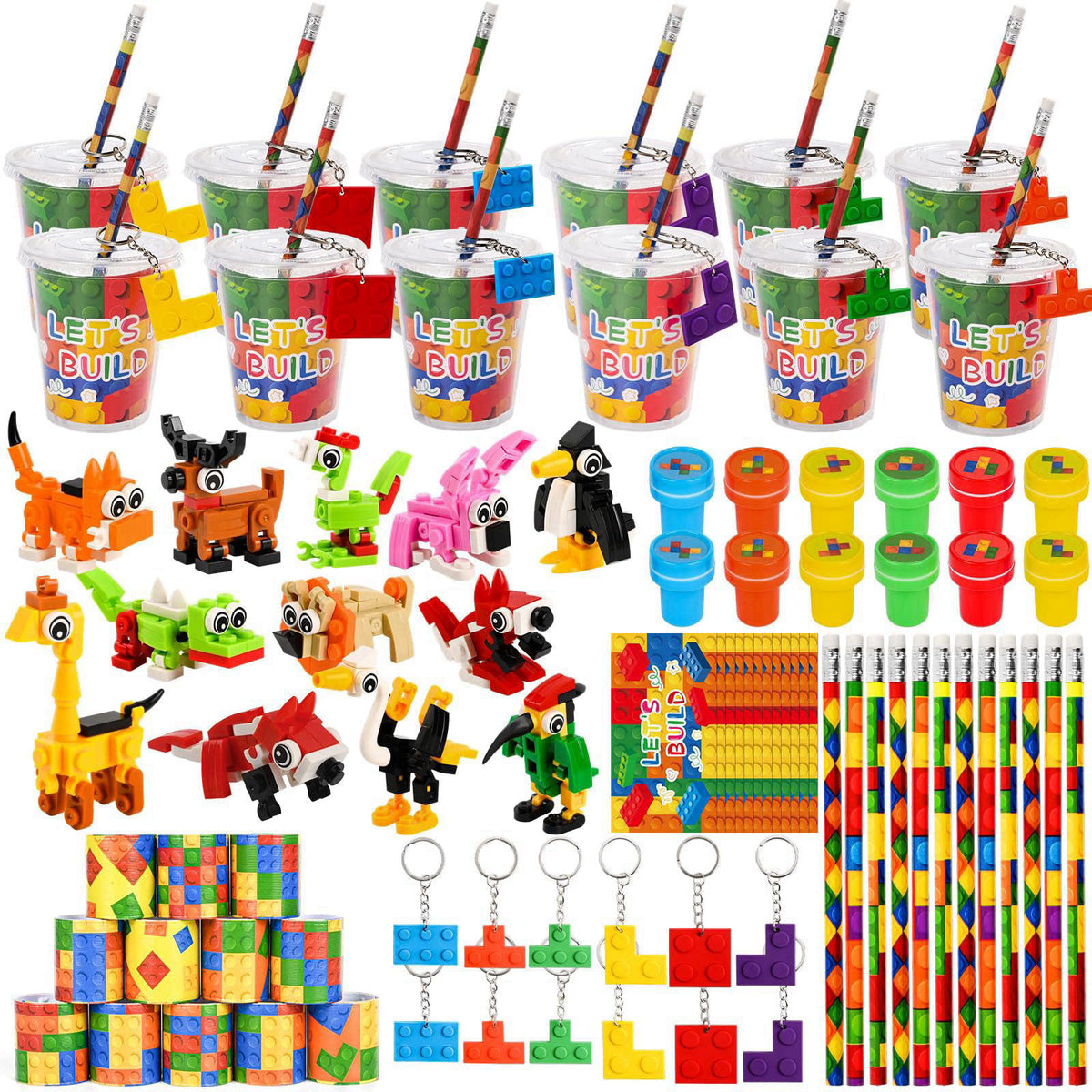 Yazetto 84 Pcs Building Blocks Party Favors Birthday Goodie Bags Return Gifts for Birthday with Cups Pencils Keychains A