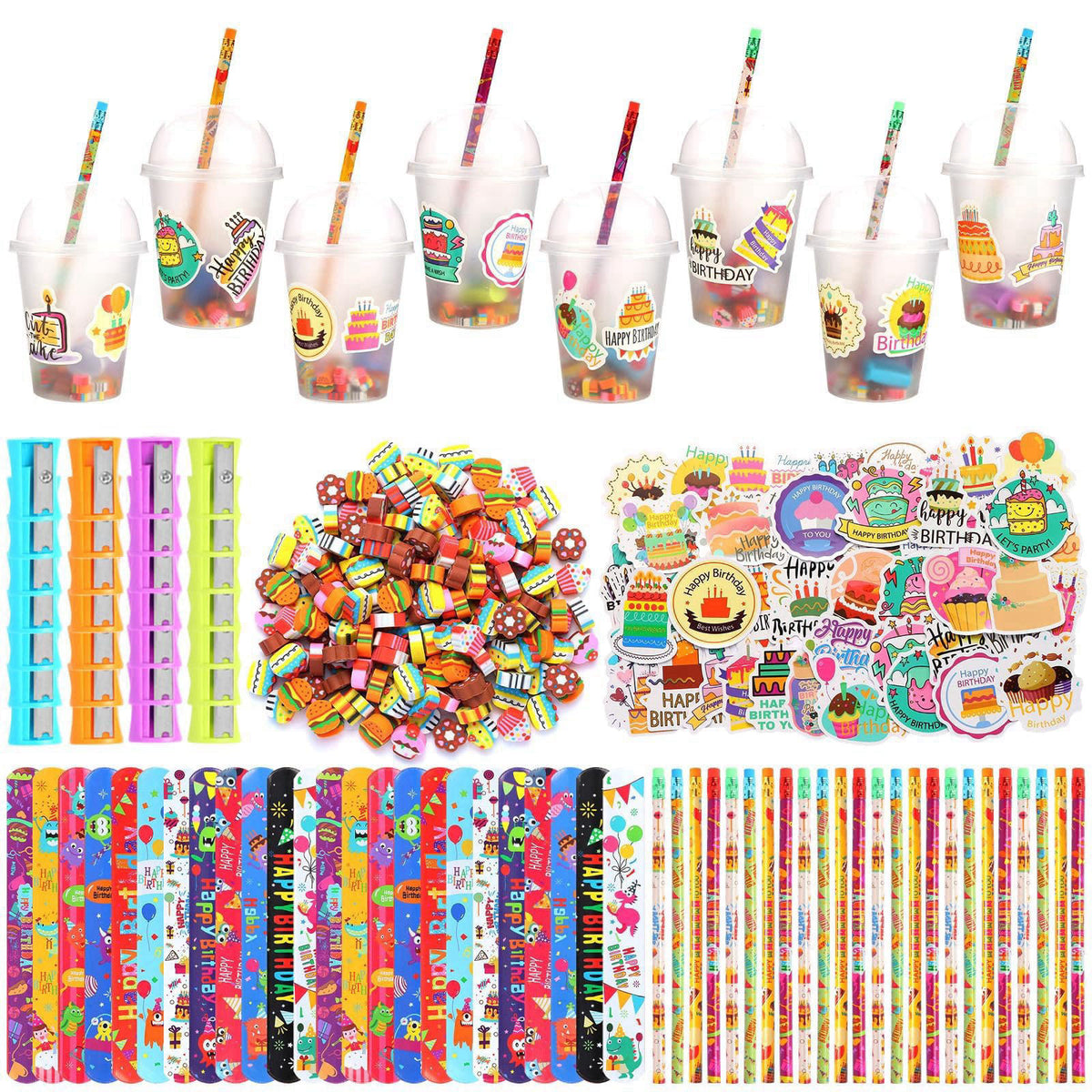 Kolewo4ever 460 Pieces Happy Birthday Party Gifts Return Gifts for Birthday Party with Pencil Sharpener Eraser Sticker C