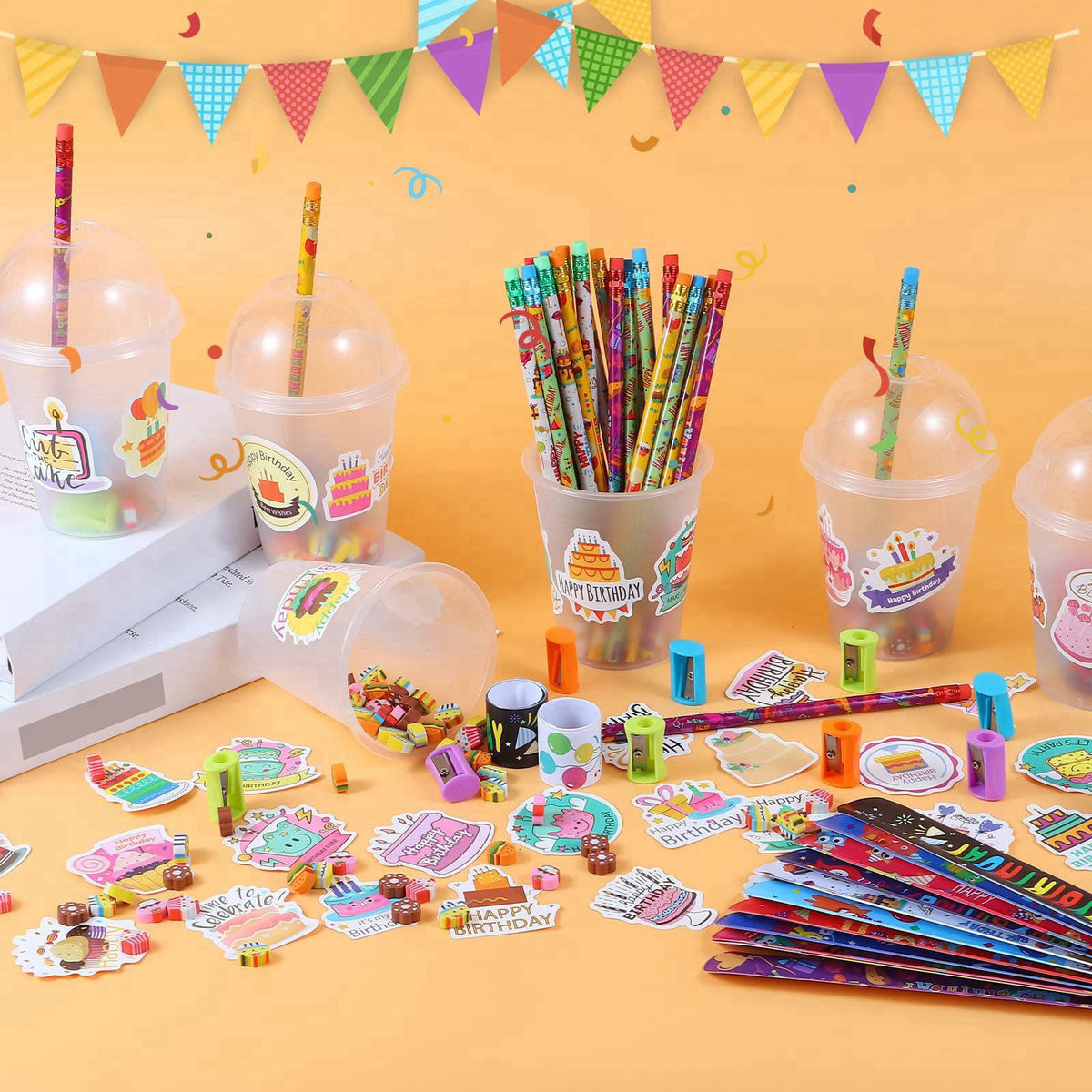 Kolewo4ever 460 Pieces Happy Birthday Party Gifts Return Gifts for Birthday Party with Pencil Sharpener Eraser Sticker C