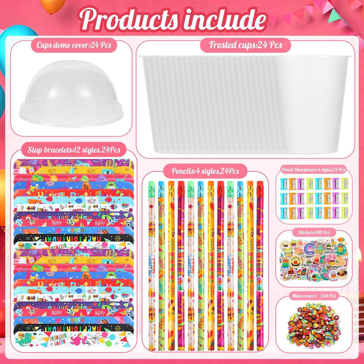 Kolewo4ever 460 Pieces Happy Birthday Party Gifts Return Gifts for Birthday Party with Pencil Sharpener Eraser Sticker C