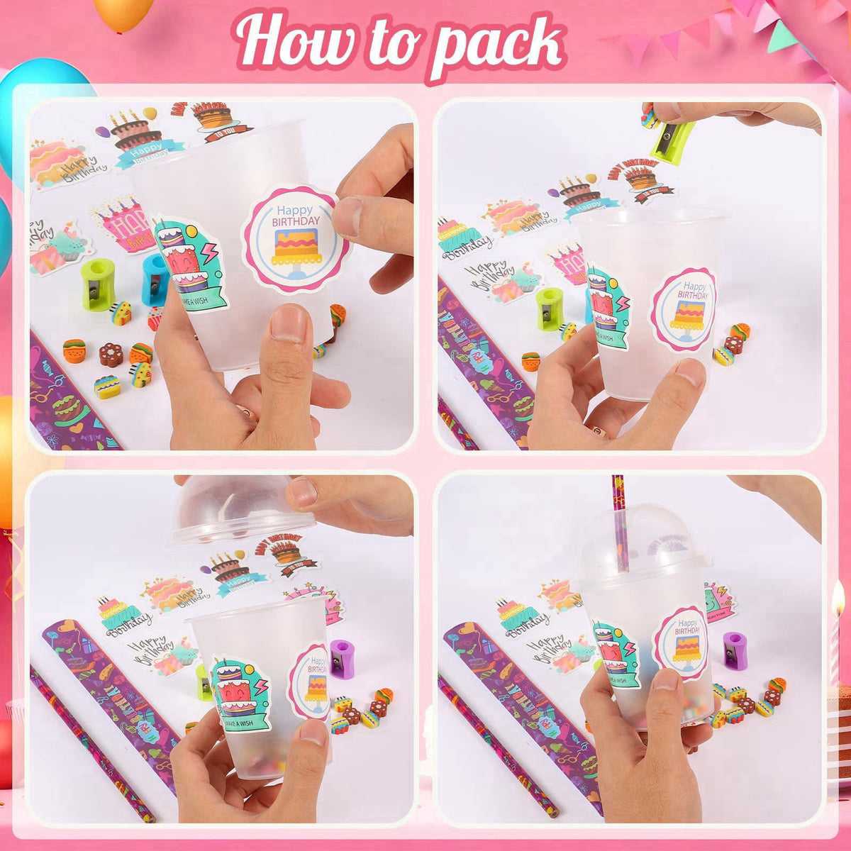 Kolewo4ever 460 Pieces Happy Birthday Party Gifts Return Gifts for Birthday Party with Pencil Sharpener Eraser Sticker C