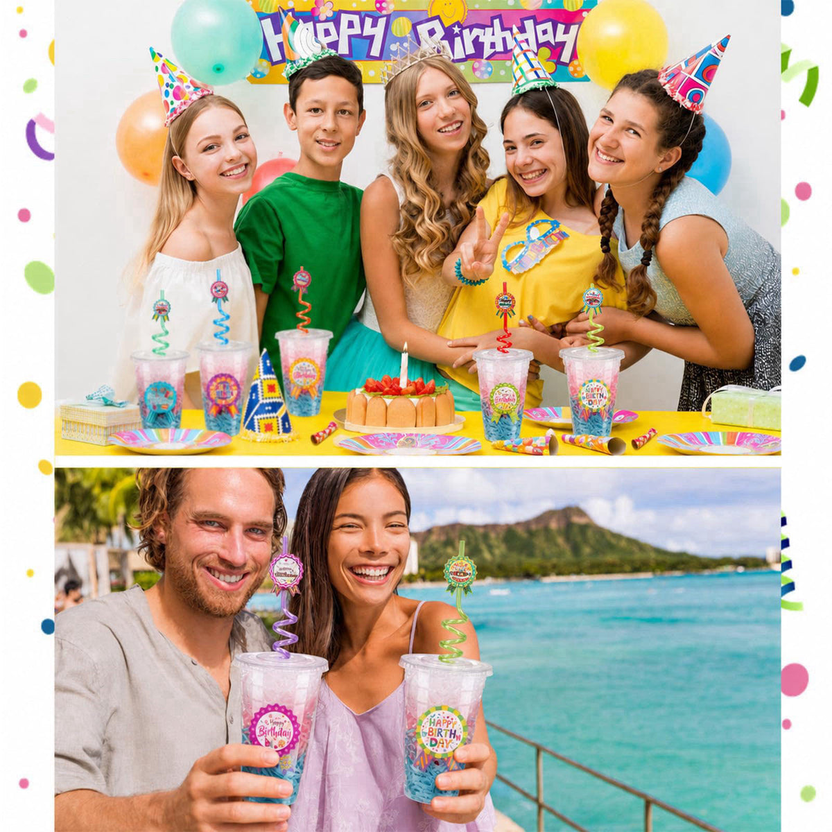 Maxdot 24 Sets Birthday Cups for Classroom, Happy Birthdays Favor, Badge – back view and specifications