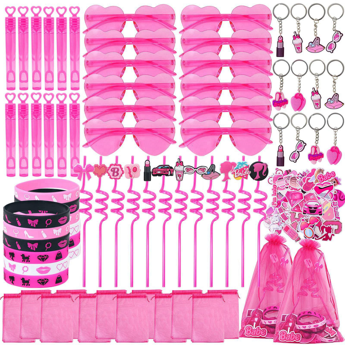 TKNOUS 122pcs Pink Party Favors for Girls, Pink Girls Birthday Party Favors Kit Keychain Bracelet Bubble Stickers Straws