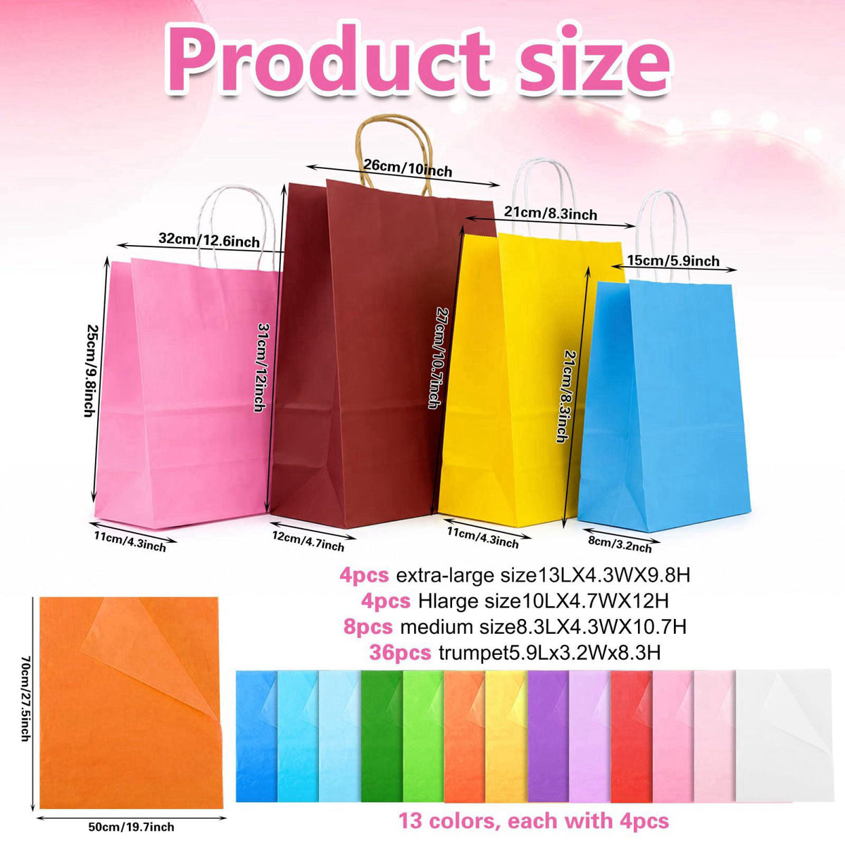 KEEPARTY 104 PCS Gift Bags with Handles Set 52 Bags 4 Sizes and 52 Tissue Sheets – close-up detail in 52pcs colorful