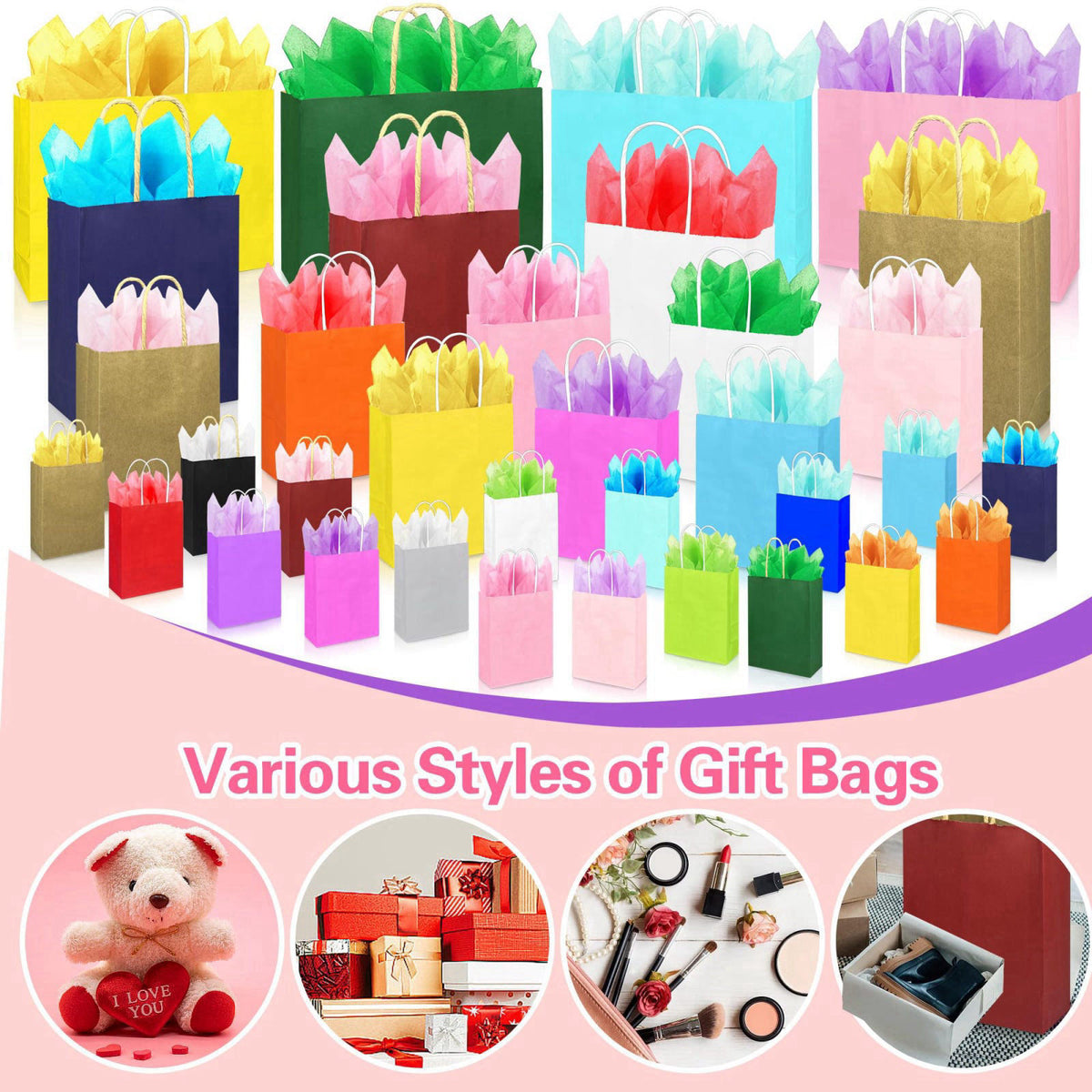 KEEPARTY 104 PCS Gift Bags with Handles Set 52 Bags 4 Sizes and 52 Tissue Sheets – packaging and label