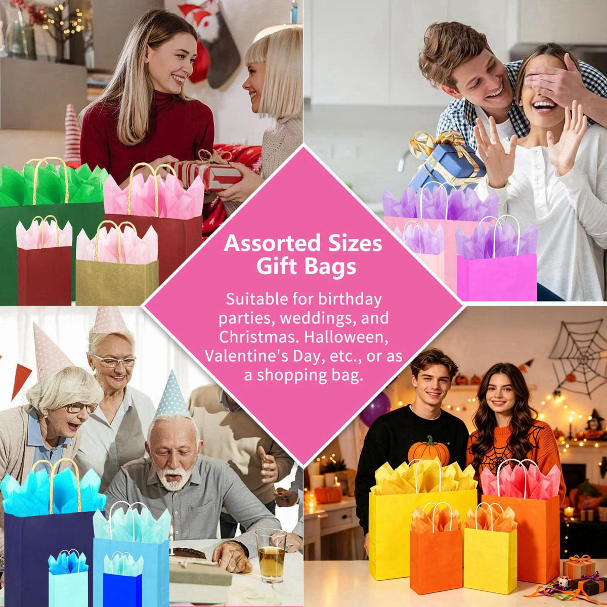 KEEPARTY 104 PCS Gift Bags with Handles Set 52 Bags 4 Sizes and 52 Tissue Sheets – full view, size 1 Count (Pack of 52)