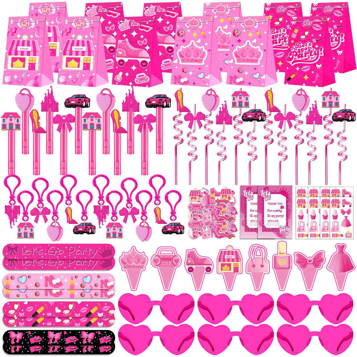 Fumogym 220PCS Pink Party Favors Kit for Girls – Birthday Supplies Includes Glasses, Straws, Bubble Wands, Treat Bags & 