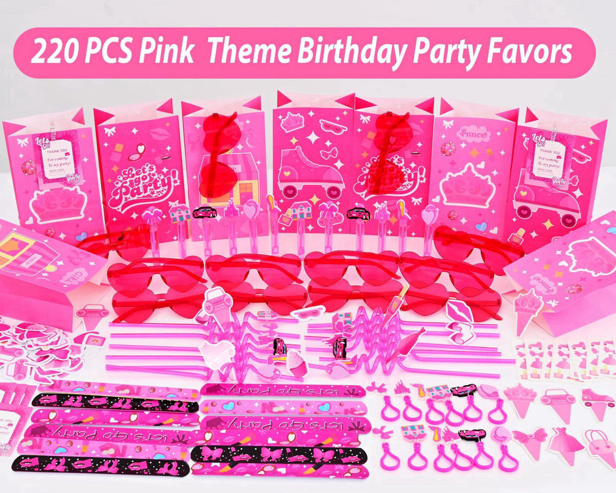 Fumogym 220PCS Pink Party Favors Kit for Girls – Birthday Supplies Includes Glasses, Straws, Bubble Wands, Treat Bags & 