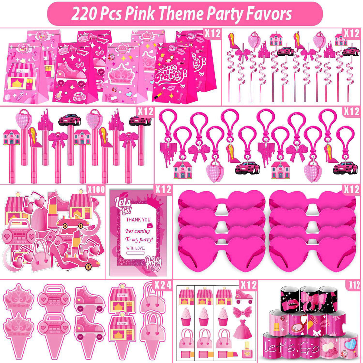 Fumogym 220PCS Pink Party Favors Kit for Girls – Birthday Supplies Includes Glasses, Straws, Bubble Wands, Treat Bags & 