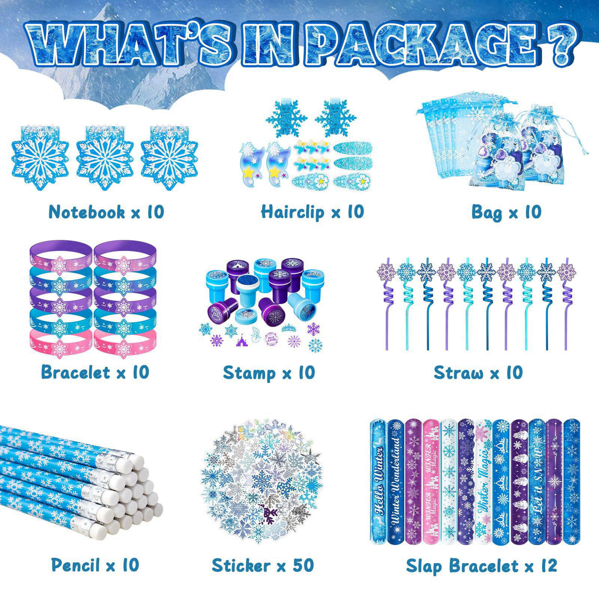 DMIGHT 130PCS Frozen Party Favors for Girls, Winter Birthday Supplies – packaging and label