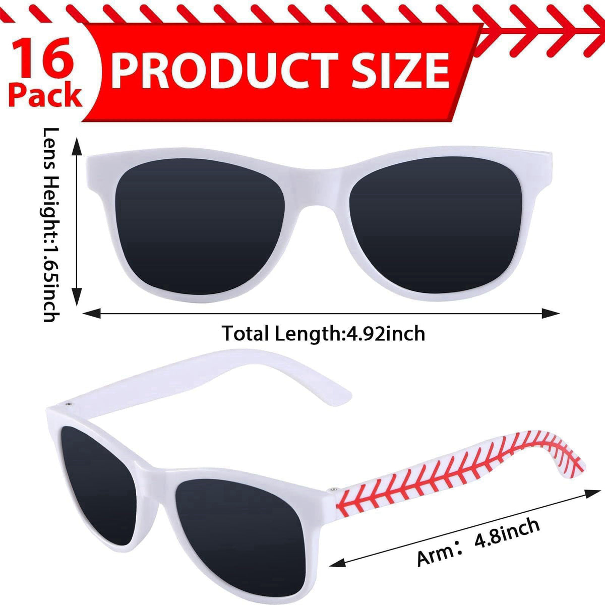 CHUNNIN 16 Pack Baseball Sunglasses Red White Sunglasses Bulk for Baseball Party Favors Sports Plastic Glasses for Team 