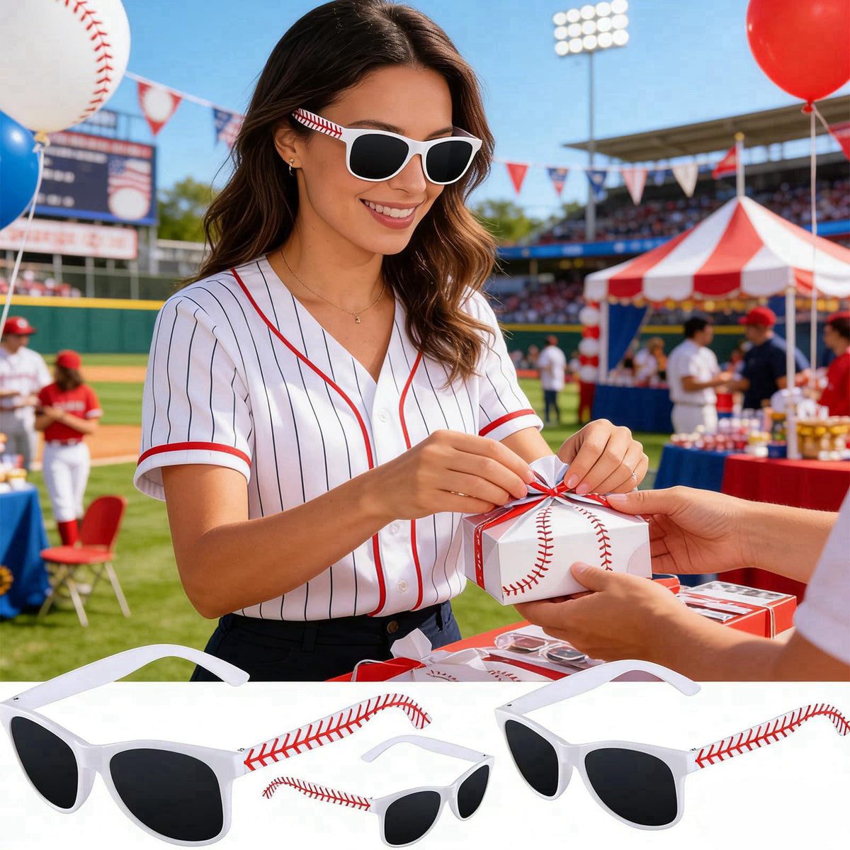 CHUNNIN 16 Pack Baseball Sunglasses Red White Sunglasses Bulk for Baseball Party Favors Sports Plastic Glasses for Team 