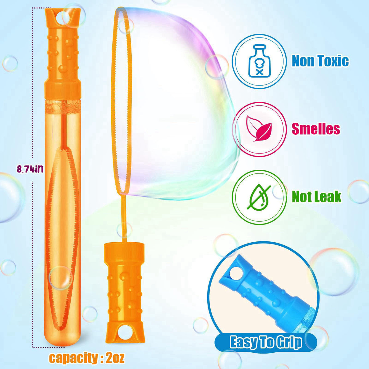 Letapapa 48 Pcs Bubble Wands Bulk in 6 Colors, Summer Toys Party Favors for Kids – back view and specifications