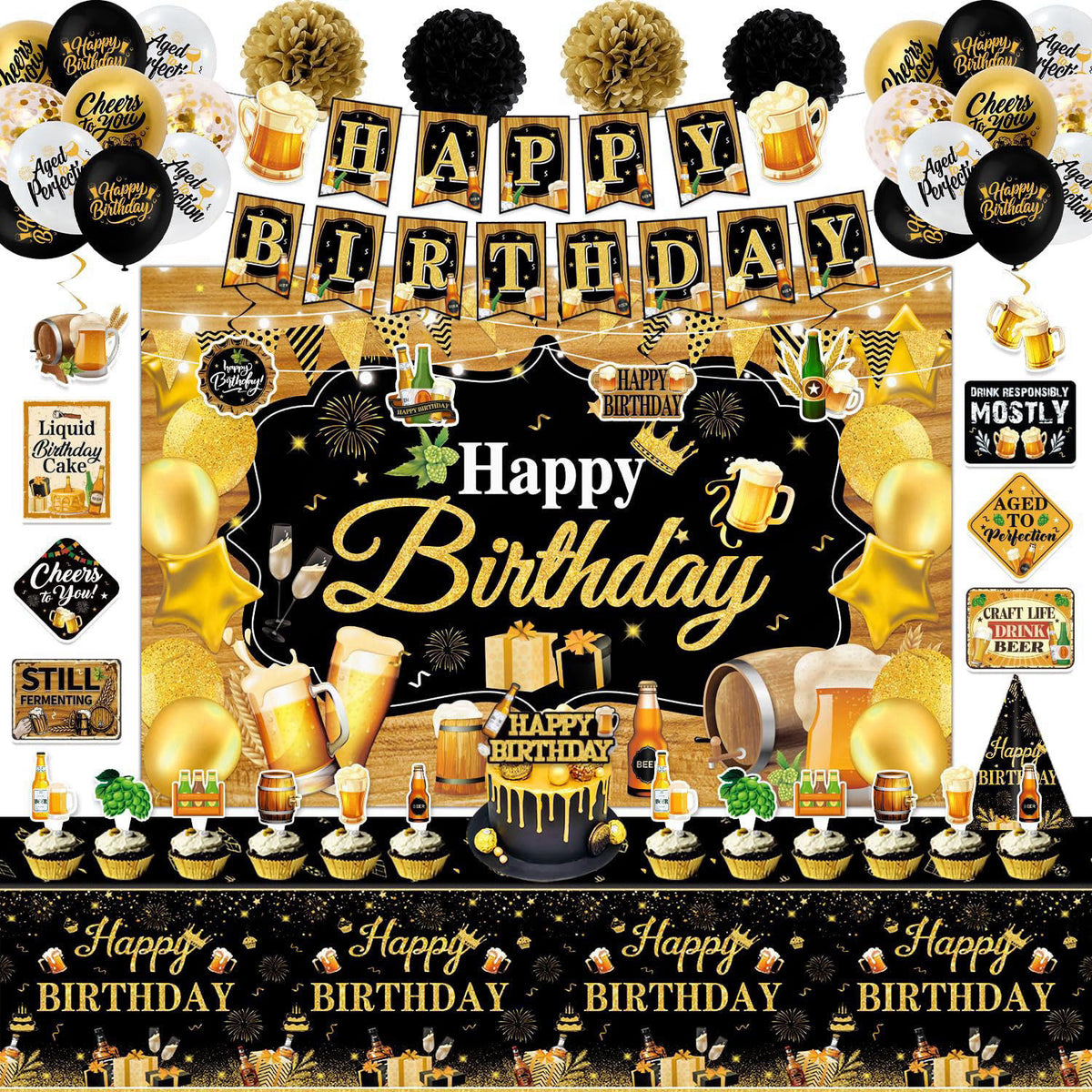 Mpanwen Beer Birthday Party Decorations, Beer Aged to Perfection Birthday Party Decorations Decor Supplies for Men - Bac